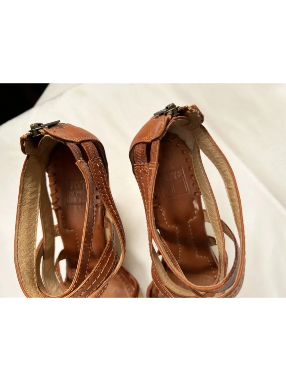 FRYE Corrina Wedge Sandals Tan Brown Leather Canvas Platform Heel 9.5